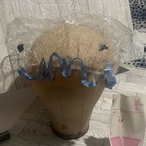 CLEAR SHOWER CAP WITH RIBBON ROSES BLUE LAVENDER AND CREAM OR BROWN RIBBON TRIMS